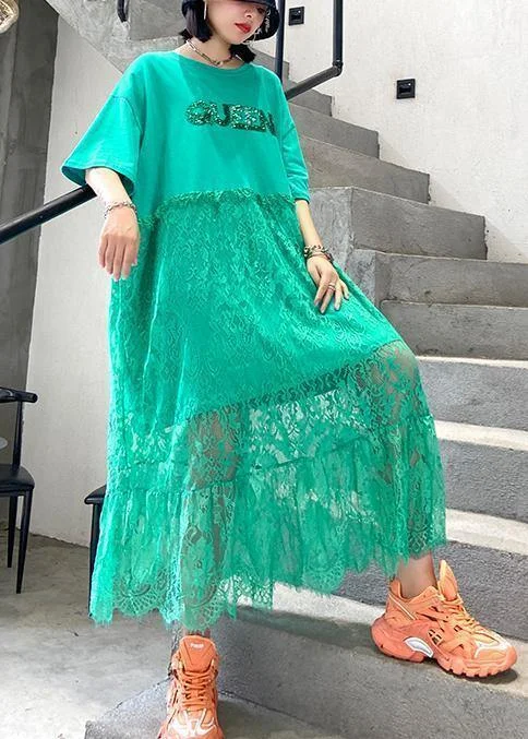 Members Only A-line dressNatural green cotton clothes Women o neck patchwork lace Maxi Dresses