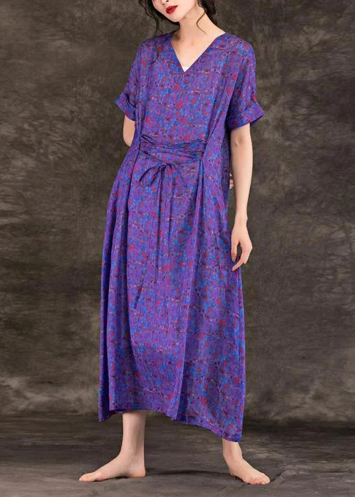 Price Fest casual shift dressHandmade purple print linen clothes For Women v neck tie waist Maxi summer Dresses