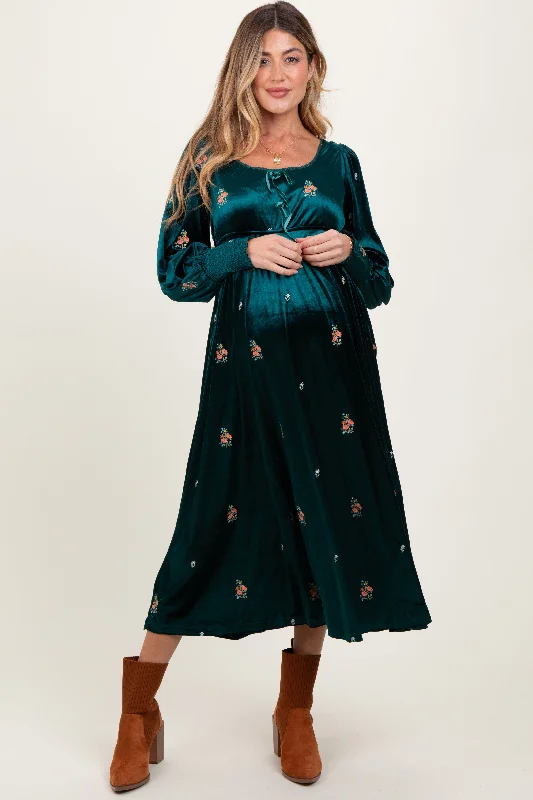 Limited Stock midi dressDeep Teal Velvet Embroidered Floral Maternity Midi Dress