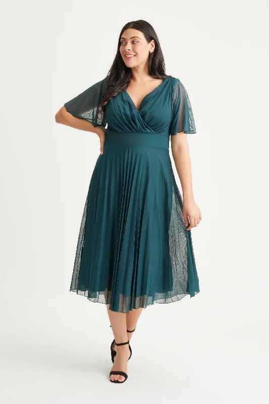 Price Cut trendy dressCarole Green Wrap Bodice Sunray Pleated Skirt Long Midi Dress