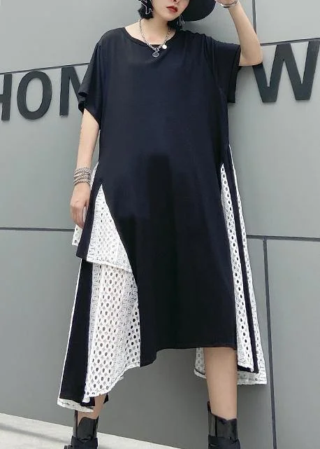 Buy Now elegant shift dressFrench asymmetric o neck cotton clothes pattern black cotton robes Dresses
