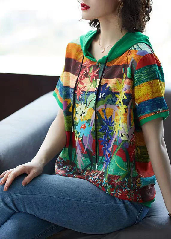 Limited Time Offer Green Print Patchwork Chiffon T Shirt Top Hooded Summer TQ1053