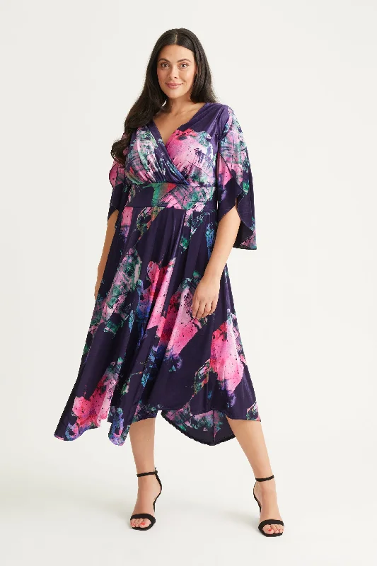 Exclusive Preview party-ready dressSoraya Navy Pink Velvet Hanky Hem Vintage Kimono Dress