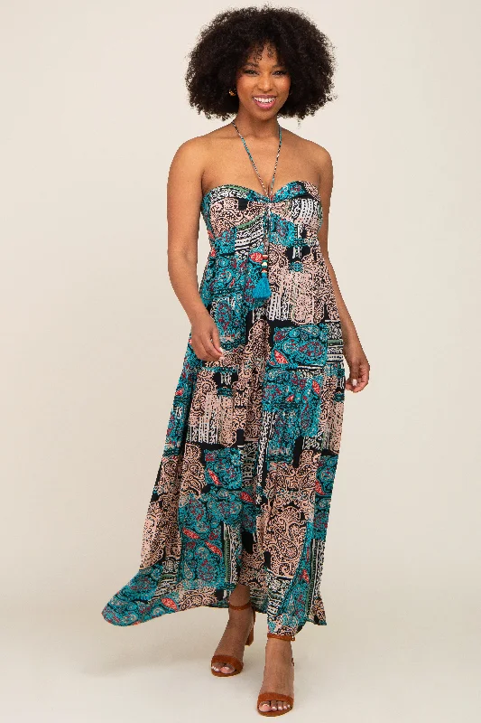 Daily Deals knit dressTeal Printed Halter Tassel Front Tie Maxi Dress