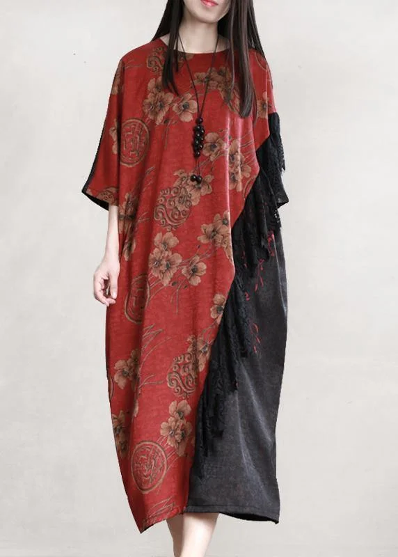 Limited Time Discount casual day dressHandmade burgundy clothes o neck patchwork loose Dress