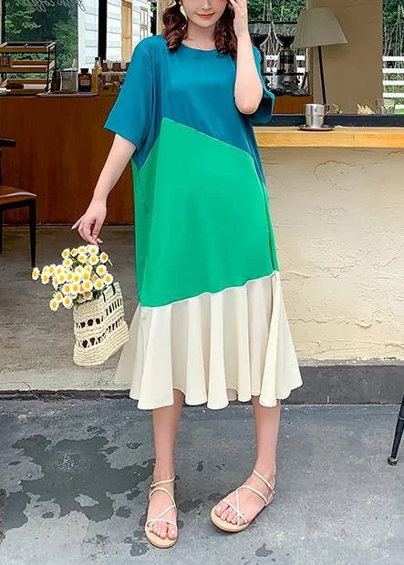 Doorbuster Deal relaxed fit dressModern o neck Ruffles clothes Runway green patchwork Art Dress