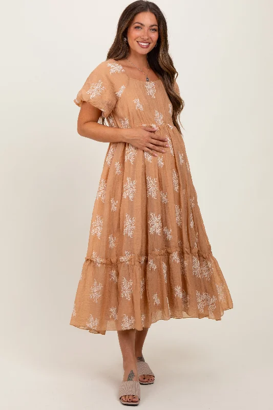 Unbeatable Prices v-neck dressCamel Floral Print Ruffle Hem Maternity Midi Dress