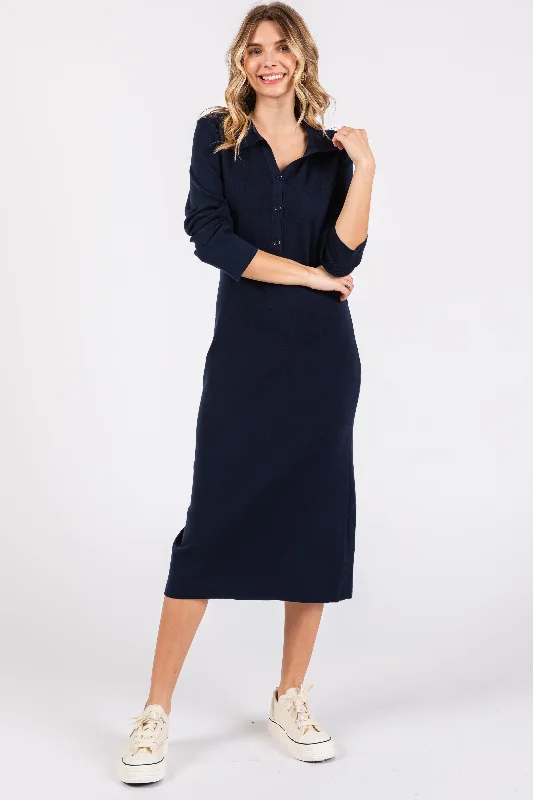 Exclusive Online Offer party dressNavy Collared Long Sleeve Sweater Midi Dress