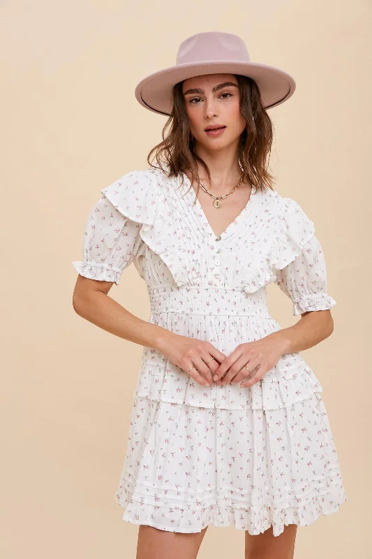 Discount Extravaganza vintage-inspired dressPink Rose Pintuck Detail Tiered Button Floral Mini Dress
