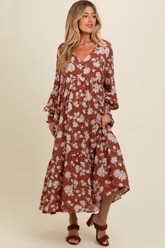 Deal of the Day off-shoulder dressRust Floral Textured Bubble Sleeve Maternity Maxi Dress