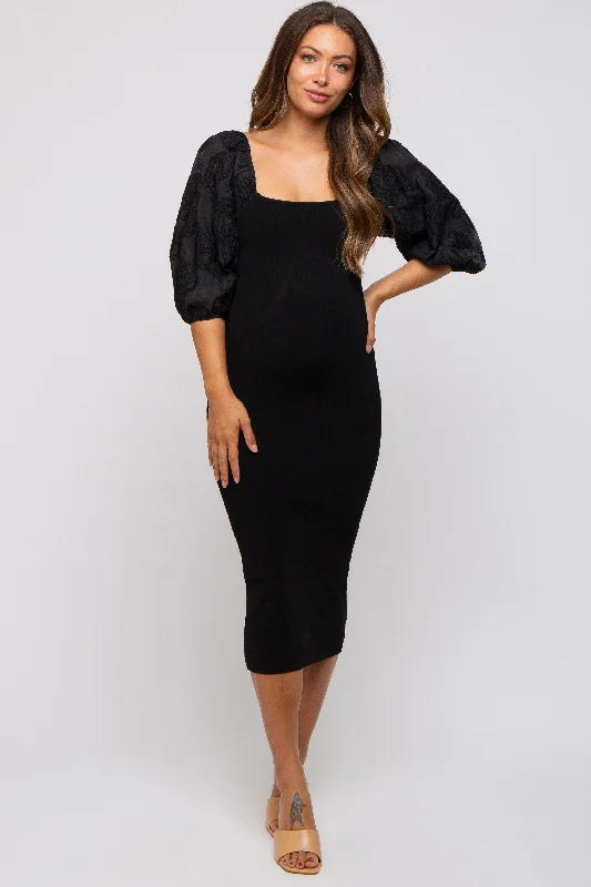 Deal Alert mini dressBlack Floral Puff Sleeve Maternity Midi Dress