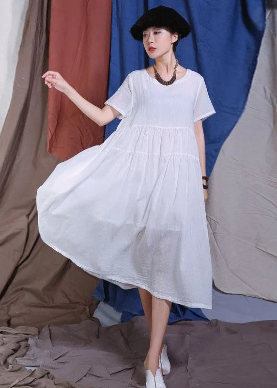 Steals and Deals lace-up dressHandmade white big hem cotton linen Robes Cinched waist Maxi summer Dresses