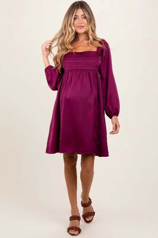 New Deals long sleeve dressPlum Satin Pleated Detail Bodice Maternity Dress