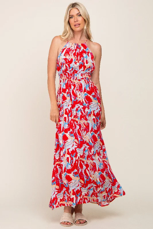 Online Exclusive fitted bodycon dressRed Printed Halter Smocked Waist Maxi Dress