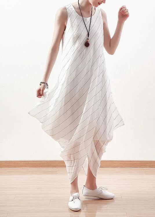 Price Reduction bohemian dressDIY asymmetric linen dresses Work white striped Dress summer