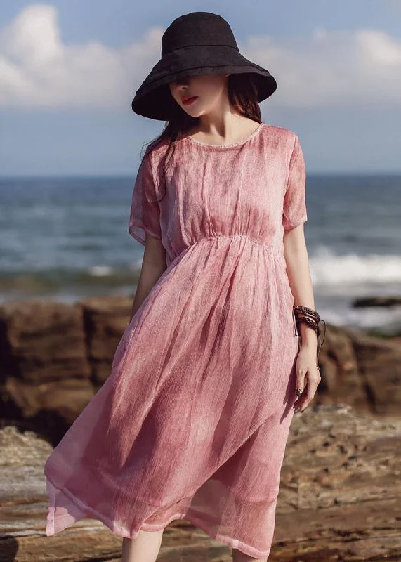 Super Bargain flowy maxi dressNatural pink cotton quilting clothes short sleeve loose summer Dress