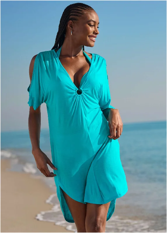 Huge Savings A-line dressRing Front Dolman Cover-Up - Aqua Reef