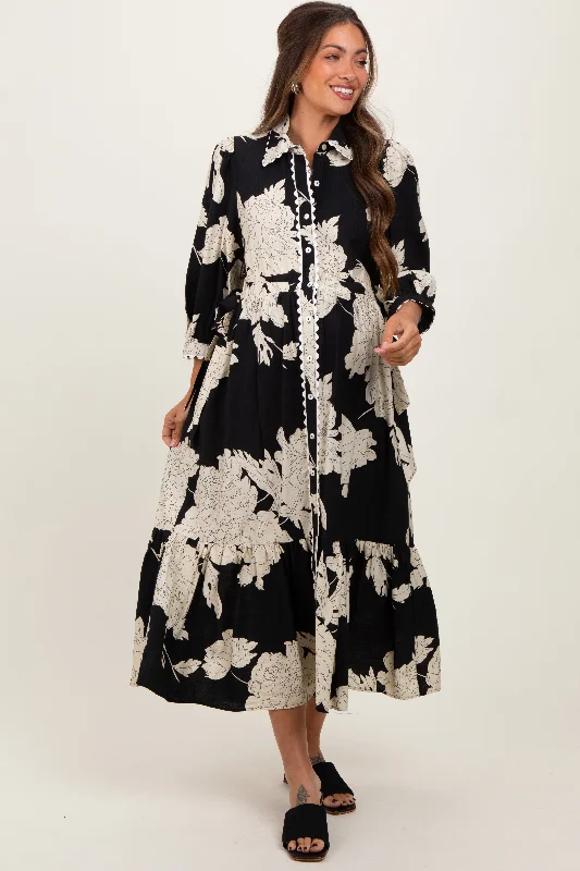 Price Rollback t-shirt dressBlack Floral Print Cinched Tie Waist Maternity Shirt Dress