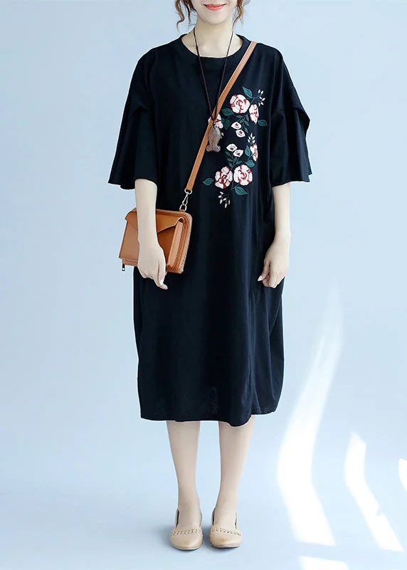 Sale Event trendy wrap dressModern o neck embroidery linen clothes Fashion Online Shopping black long Dresses Summer
