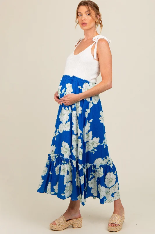 Deal Frenzy trendy mini dressRoyal Blue Floral Colorblock Maternity Midi Dress