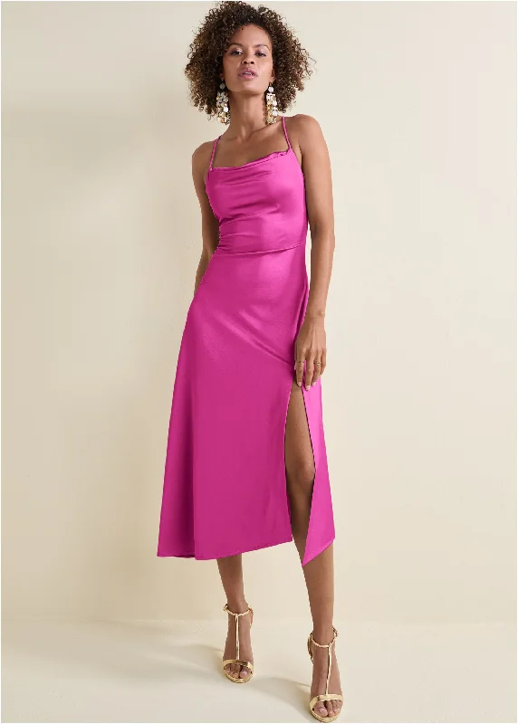 Referral Discount vintage-inspired dressSatin Midi Dress  - Fuchsia