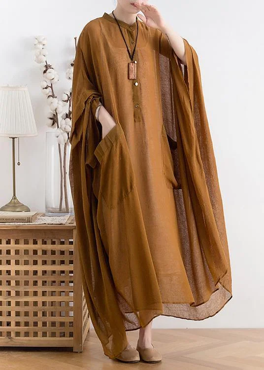 Instant Savings formal dressNatural yellow chiffon Robes plus size Shape stand collar Batwing Sleeve Dress