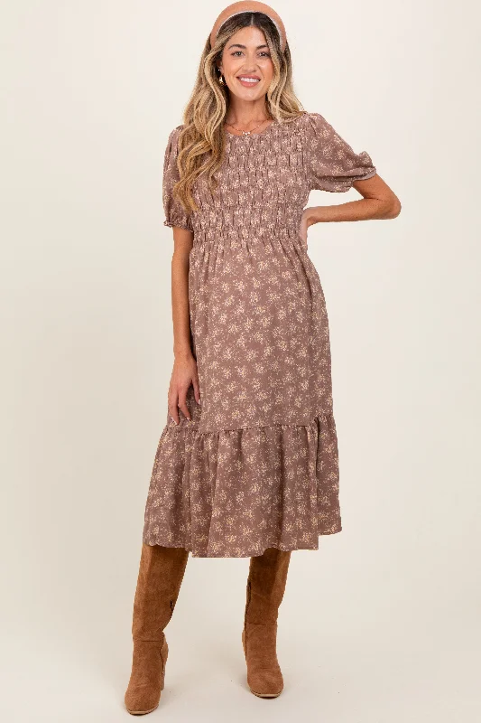 Unbeatable Prices comfy maxi dressMocha Floral Puff Sleeve Smocked Maternity Midi Dress