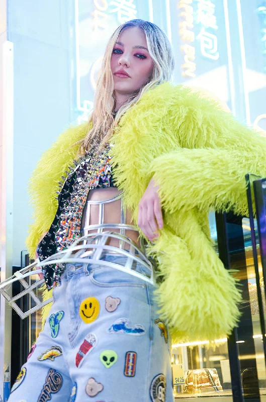 Can't Miss fashionable outerwearHIGHLIGHT OF YOUR NIGHT FAUX FUR JACKET