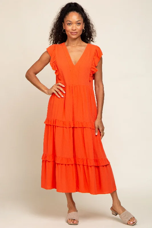 Discount Deals long-sleeve floral dressOrange Ruffle Accent Tiered Midi Dress