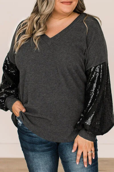 Buy Now Plus Size Sequin Long Sleeve V-Neck Top