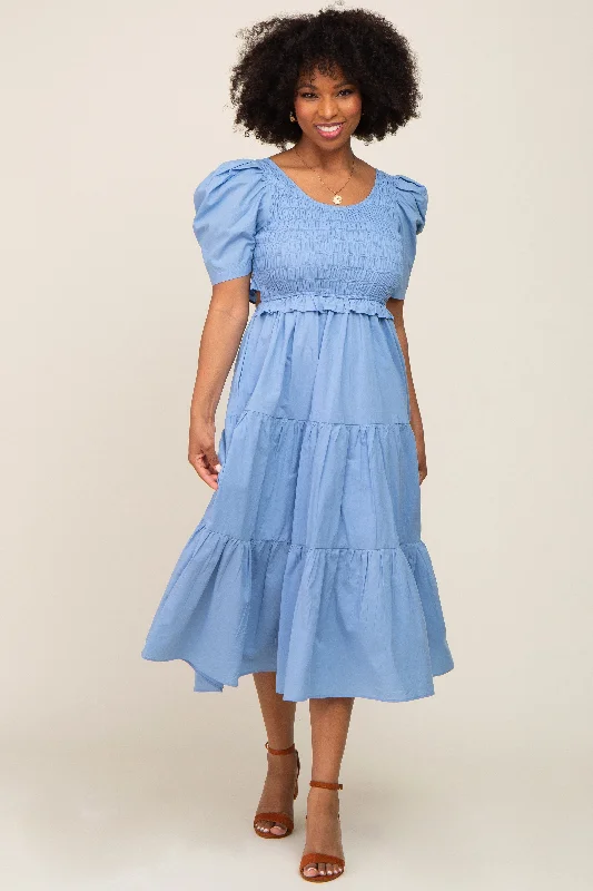 Reduced Prices modern dressBlue Smocked Tiered Ruffle Midi Dress