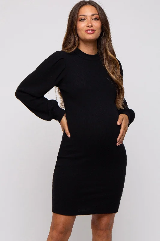 Online Only casual shift dressBlack Ribbed Long Sleeve Mock Neck Maternity Dress
