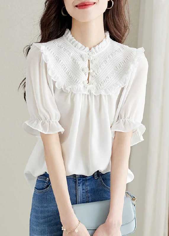Clearance Sale Women White Ruffled Chinese Button Patchwork Chiffon Shirt Top Summer TQ1059