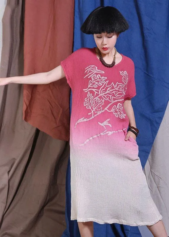 Price Meltdown stylish party dressWomen red embroidery linen quilting clothes Gradient color Traveling Dresses