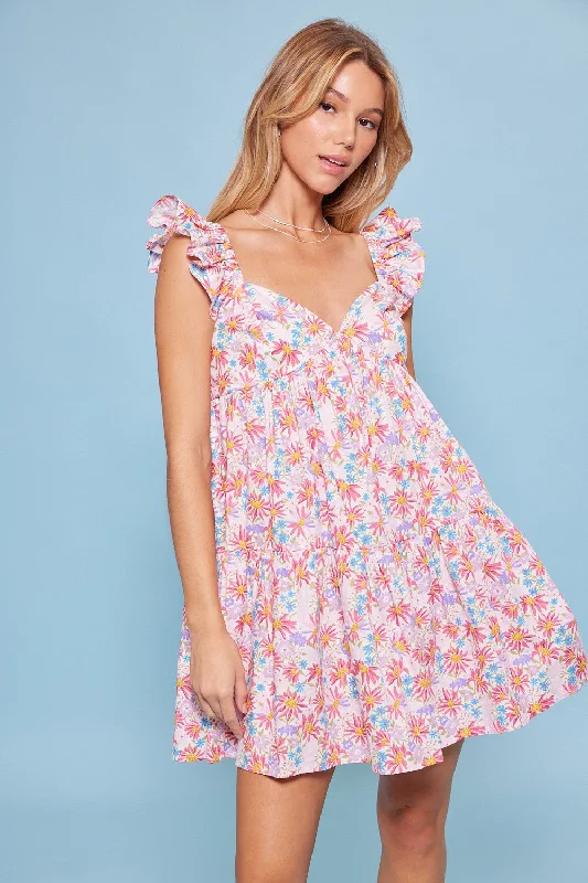 Bonus Savings silk dressWhite Pink Flower Print Heart Shape Bodice Baby Doll Dress