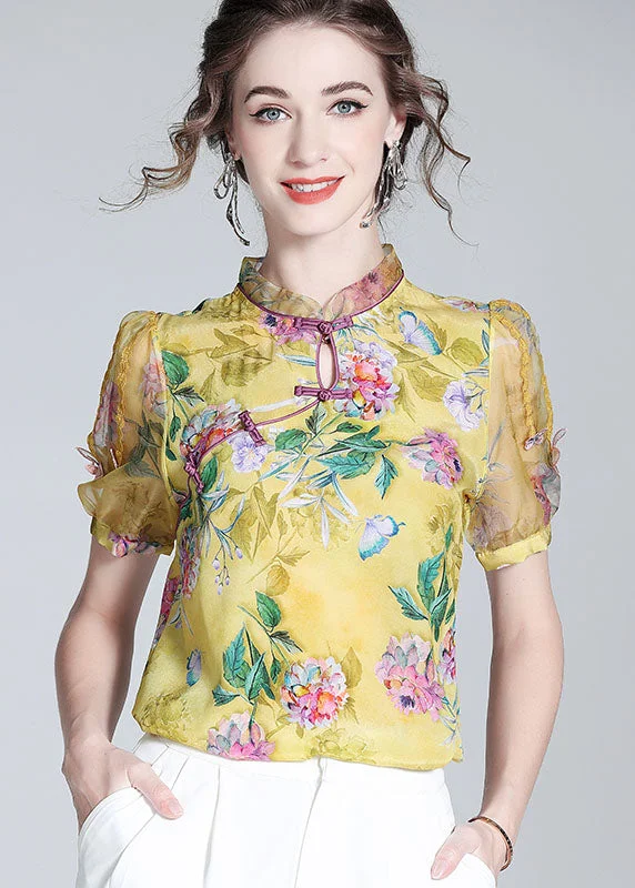 Huge Discounts Handmade Yellow Chinese Button Patchwork Print Silk Tops Summer LY0149