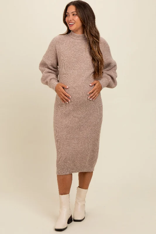 Super Savings fitted cocktail dressBeige Mock Neck Bubble Sleeve Maternity Midi Sweater Dress