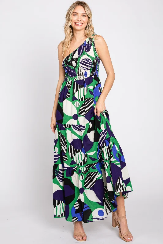 Flash Deals trendy wrap dressGreen Printed One Shoulder Tiered Maxi Dress