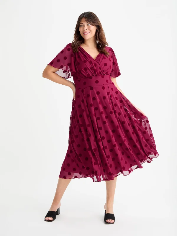 Deal Explosion vintage dressVictoria Wine Velvet Flock Angel Sleeve Mesh Long Midi Dress