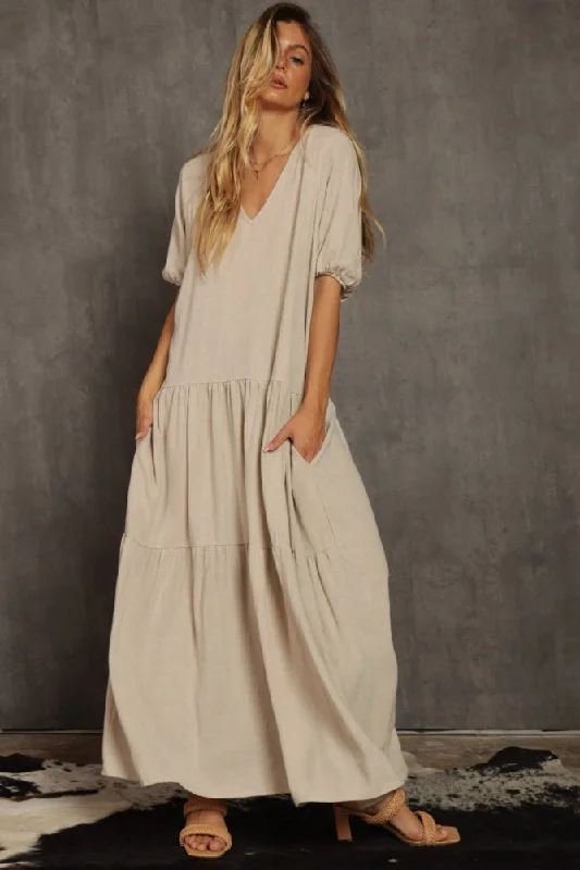 Discount Deals spaghetti strap dressNatural Linen Tiered Dress