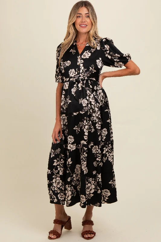 Inventory Reduction wool dressBlack Floral Button Down Front Tie Maternity Midi Dress