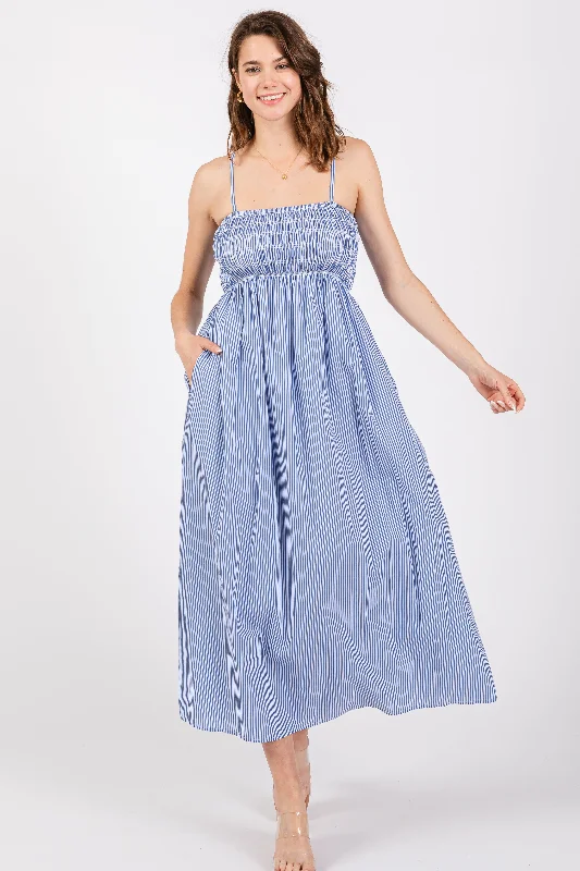 Deep Discounts form-fitting dressBlue Bartlett Striped Smocked Midi Dress