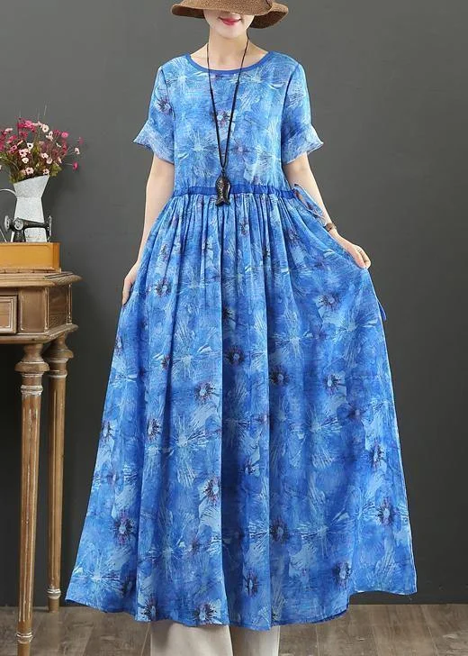 Markdown Madness structured dressDIY o neck drawstring linen summer Robes Shape blue print Dresses