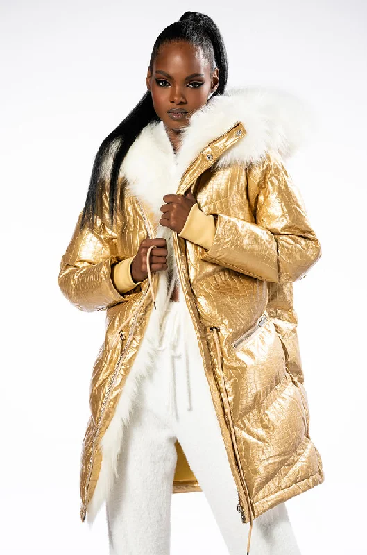 Special Price retro coatLONG PUFFER IN GOLD CROC