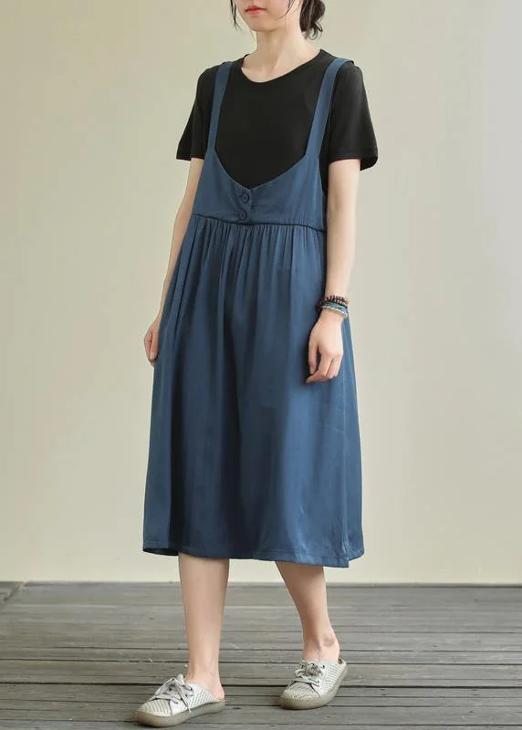 Mega Deal elegant dressElegant blue cotton Tunics o neck false two pieces Maxi summer Dresses
