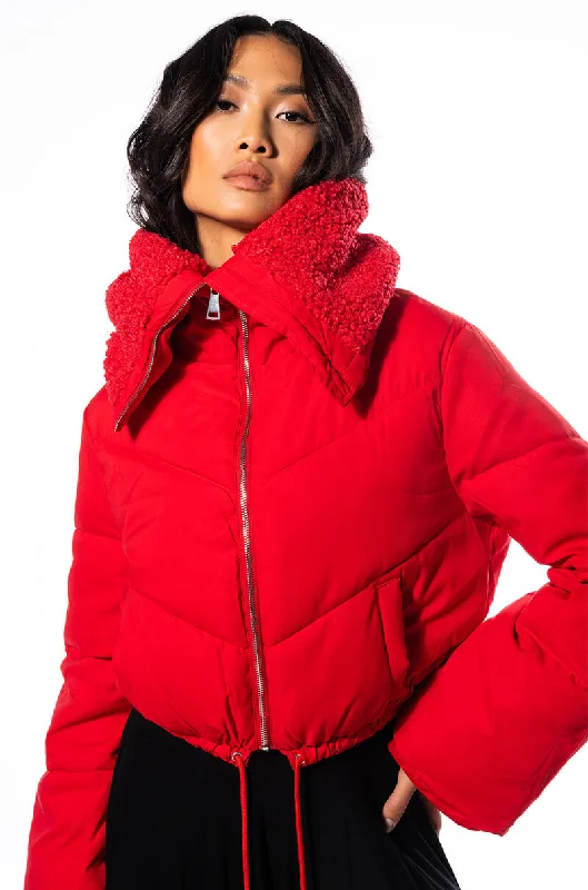 Overstock Sale contemporary coatAMANDA CROP PUFFER WITH SHERPA COLLAR