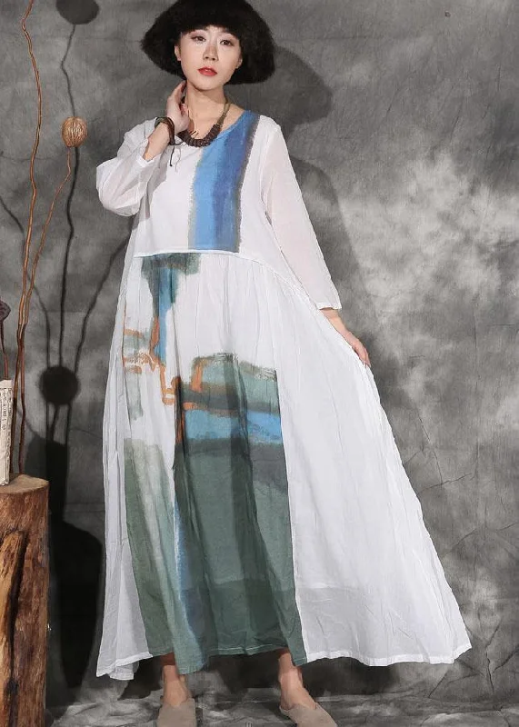 Crazy Deals playful dressFrench white prints linen Wardrobes patchwork long autumn Dresses