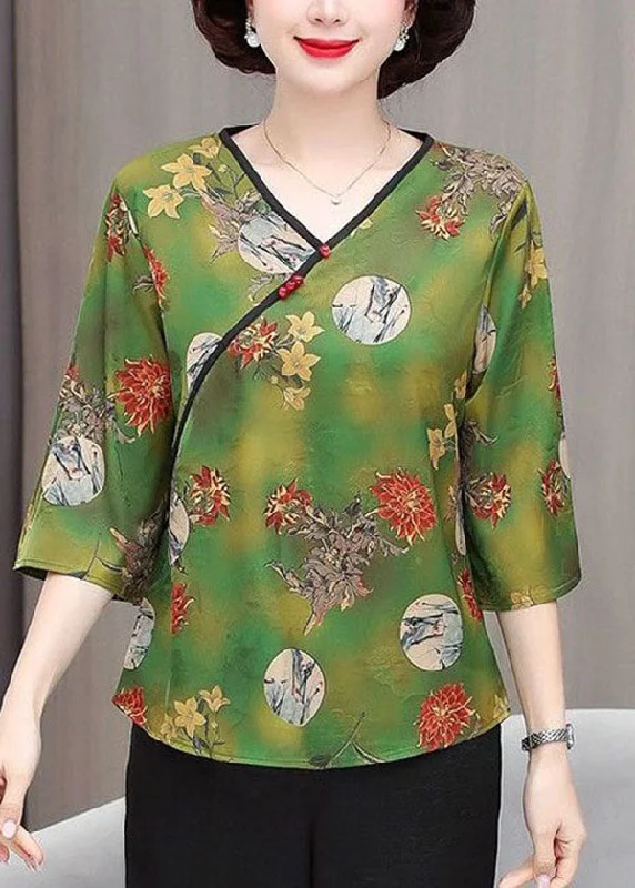 Super Deal Beautiful Green V Neck Print Button Silk Tops Summer TI1003
