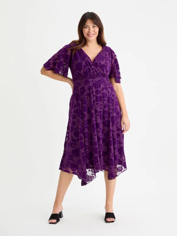 Year-End Sale bohemian dressJulie Purple Velvet Flock Hanky Hem Dress