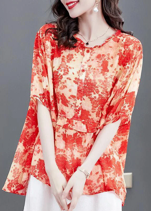 The Best Prices Plus Size Red Ruffled Print Patchwork Chiffon Tops SummerTI1049